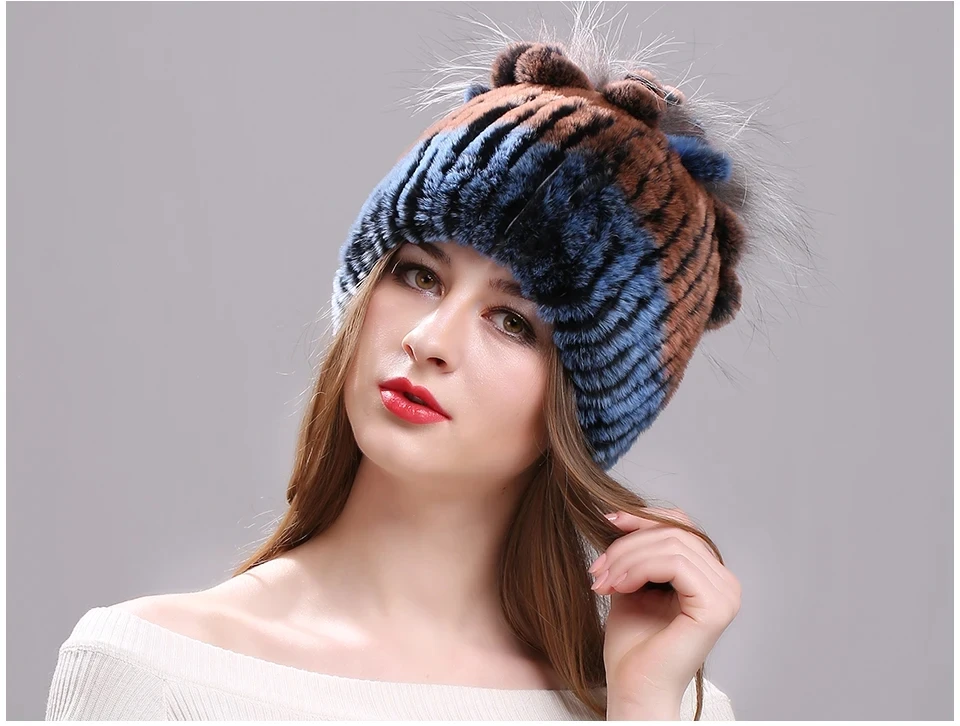 Strickmütze für Damen, 100 % echte Rex-Kaninchenfellmütze mit Blumen, Oberteile, warme, hochwertige Beanie-Damenmütze aus echtem Pelz für den Winter – Detail 10