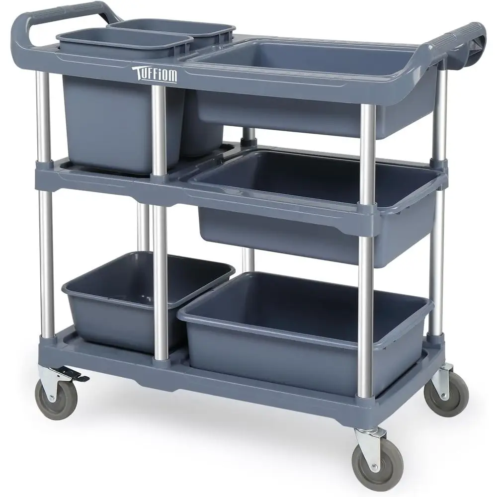 

Heavy-Duty 3-Tier Plastic Utility Cart with Wheels, Versatile Storage for Restaurant, Food Service, Office, and Warehouse, Grey