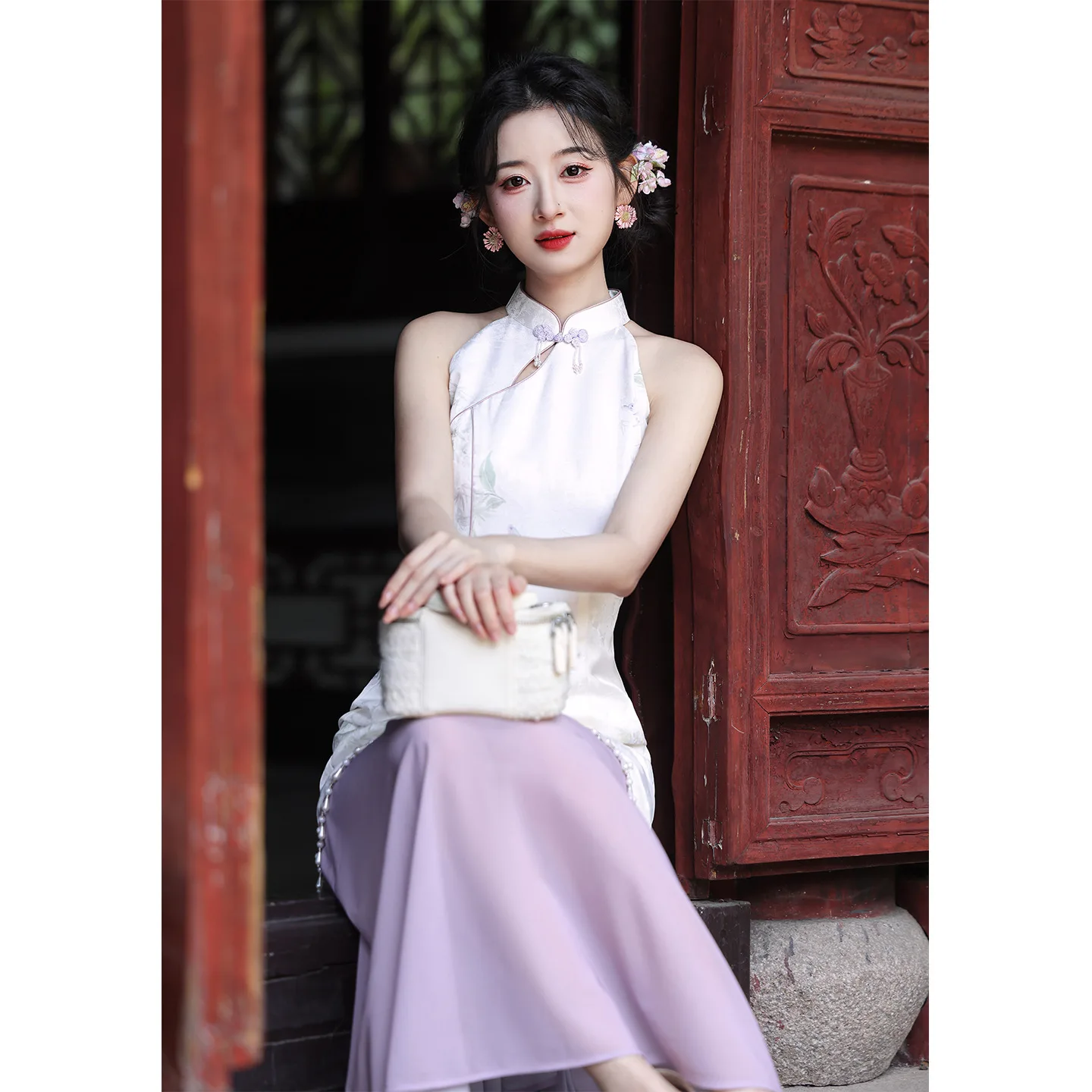 Chinese Jacquard Satin Patchwork Chiffon Tassel Qipao Toast Dress Engagement Sleeveless Hanging Neck Qipao Dress
