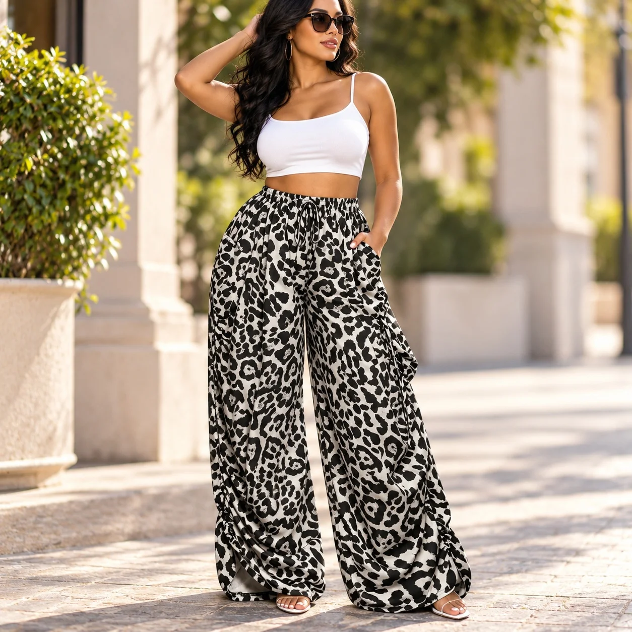 Casual Pants High Waist Harem Streetwear with Spring Slight Stretch Printed Pattern Printed Full Length Lightweight Women Pants