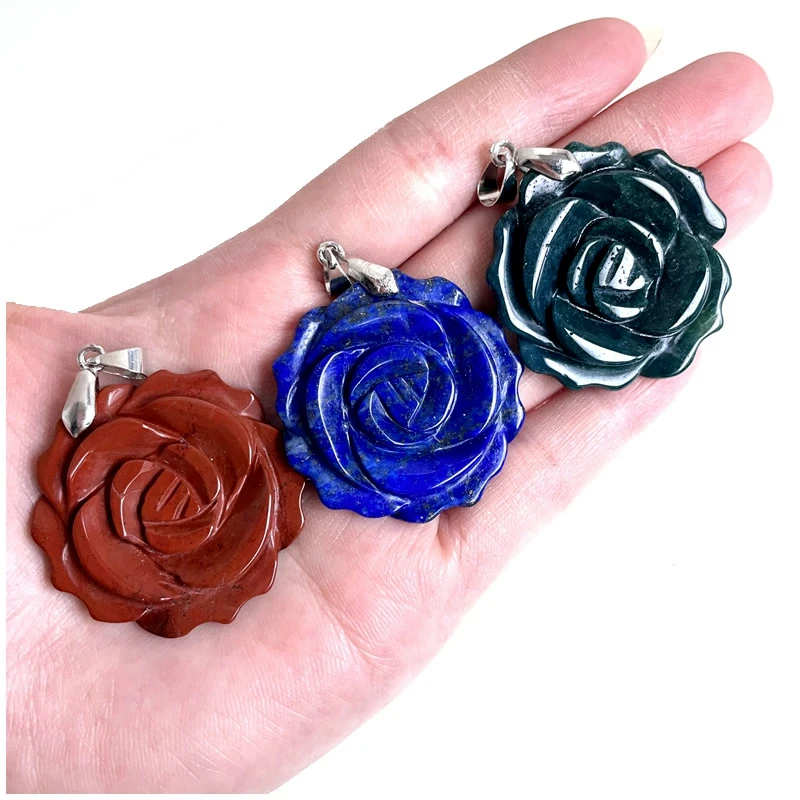 New Fashion Crystal Carved Single sided Rose Pendant Tiger Eye Agate Labradorite DIY Men\'s and Women\'s Couple Jewelry Gift