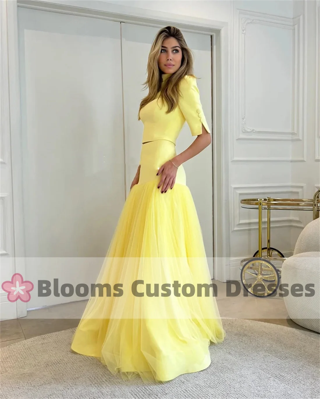 Bloom Buttons Half Sleeves High Collar Prom Dresses Homecoming Dresses Casual Simple Retro Fashion Elegant Yellow Formal Gown