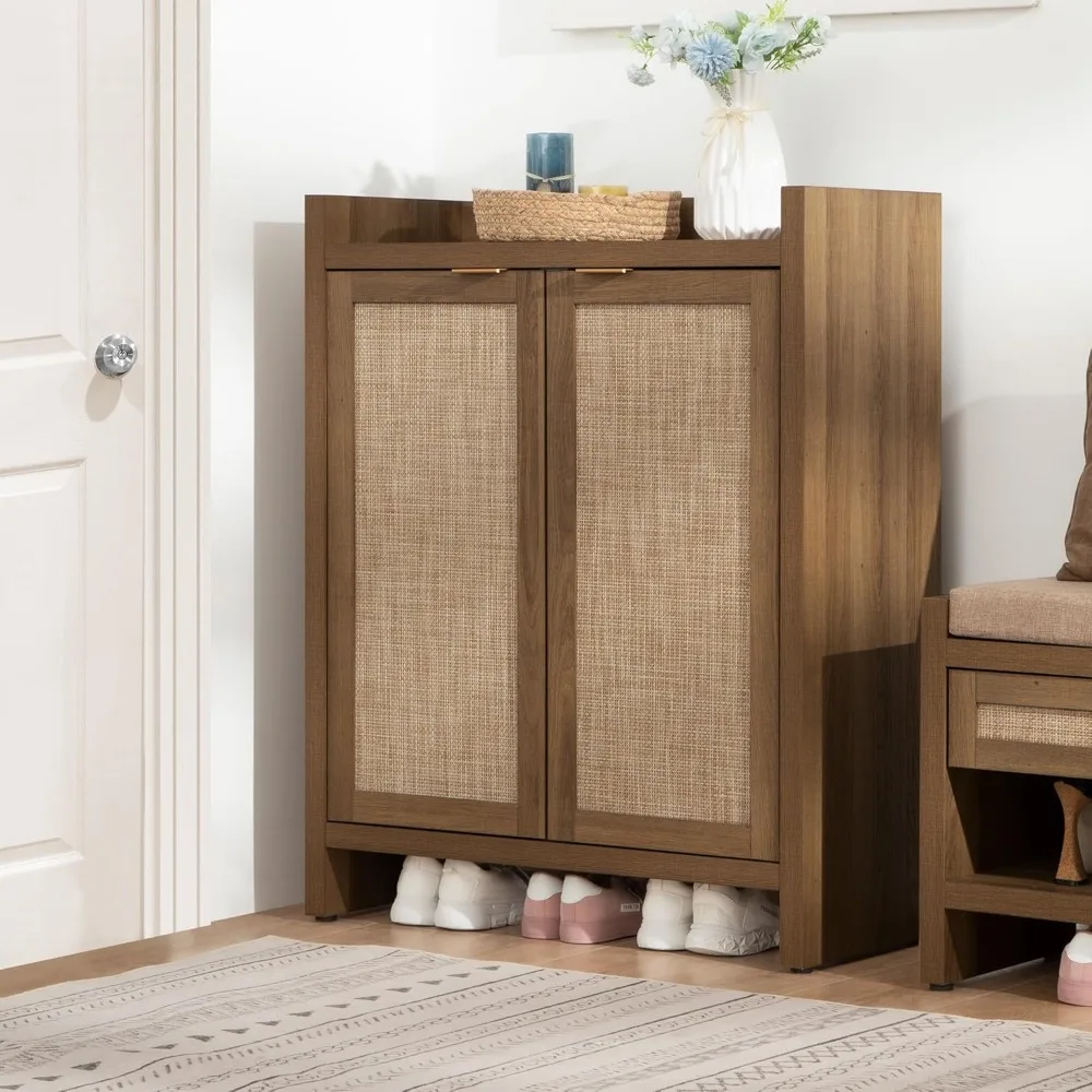 

Tall Rattan Shoe Cabinet with Doors and Shelves, Tier Farmhouse Boho Wooden Storage Cabinet for Entryway Hallway Closet