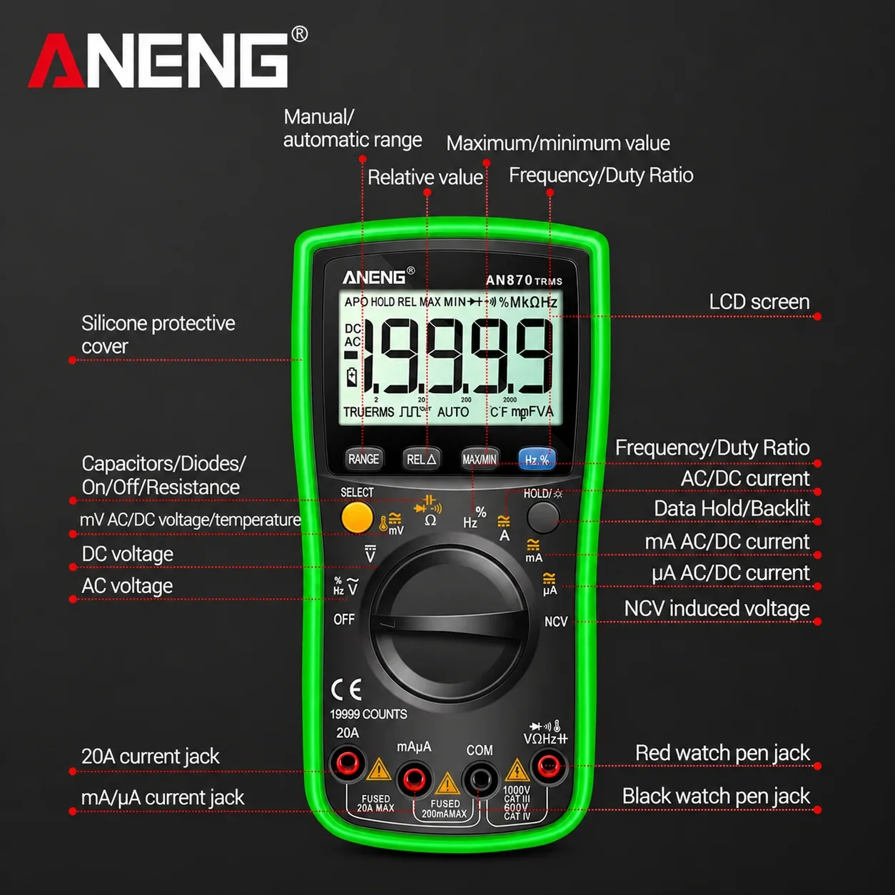 High precision multifunctional digital multimeter ANENG AN870 on/off buzzer full parameter detection electrical test instrument view 6