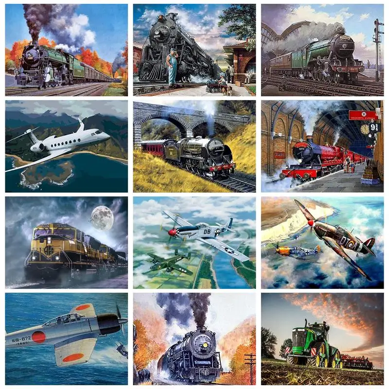 CHENISTORY Modern Diamond Painting Frame Trains Fighting Planes Diy Crafts For Adults Gift Home Decors Cross Stitch Wall Art