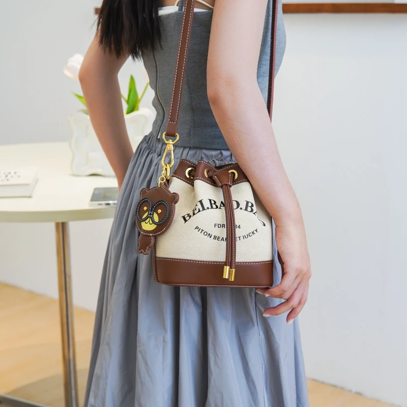 classic bucket handbag for women Bear pendant women\'s bag 2023 fashion women shoulder bag drawstring crossbody messenger bag