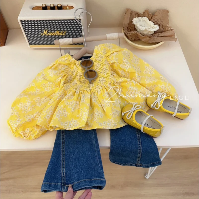 01-Champignon House Korean Style Children's Clothing Spring and Autumn Girls' Puff Sleeve Yellow Floral Shirt Children's Top Set