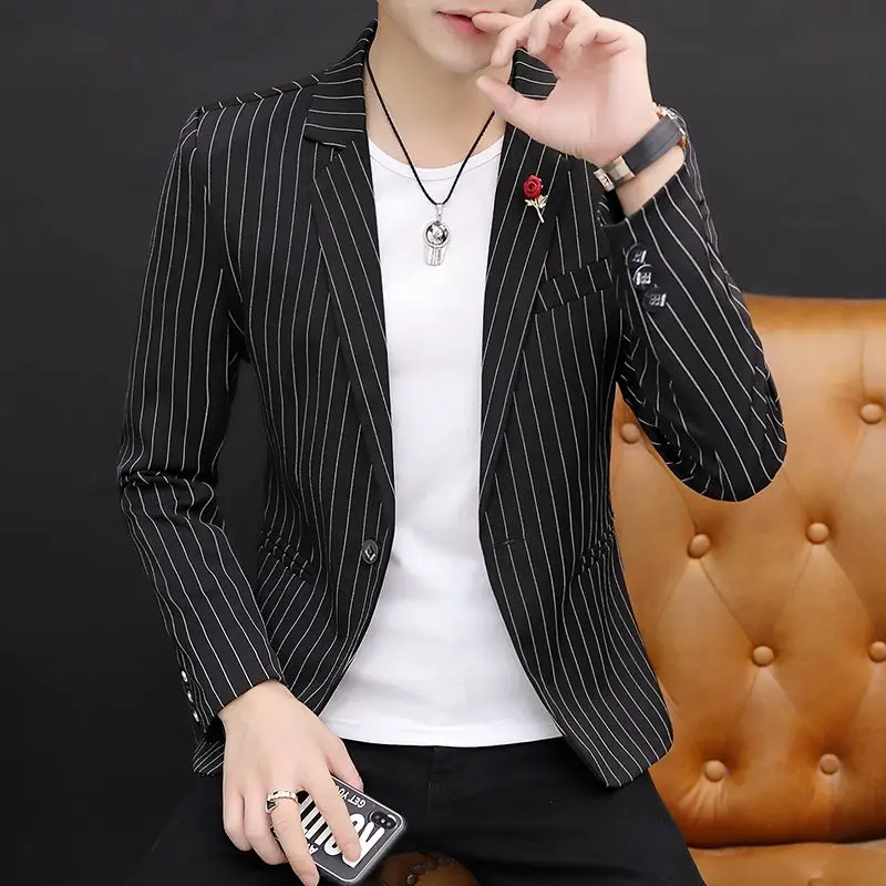 Jacket for Men Blue Party Striped Simple Man Suits and Blazers Breasted Korean Style Clothes Coats Spring Fashion 2024 New In