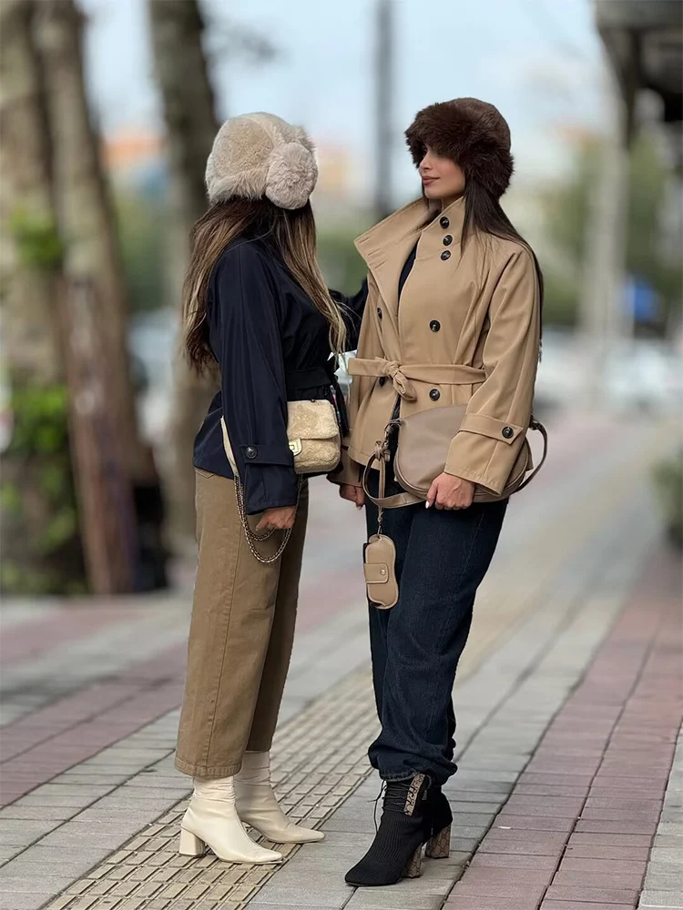 المرأة شيك الوقوف طوق مربوط اقتصاص معطف واقٍ من المطر أنيقة السيدات مزدوجة الصدر 2025 الخريف جديد ملابس خارجية غير رسمية التنقل #1