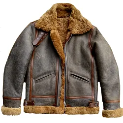 Men's B3 Bomber Jacket Sheepskin Slim Fit Short Fur Military Style Thick Warm Winter Wear