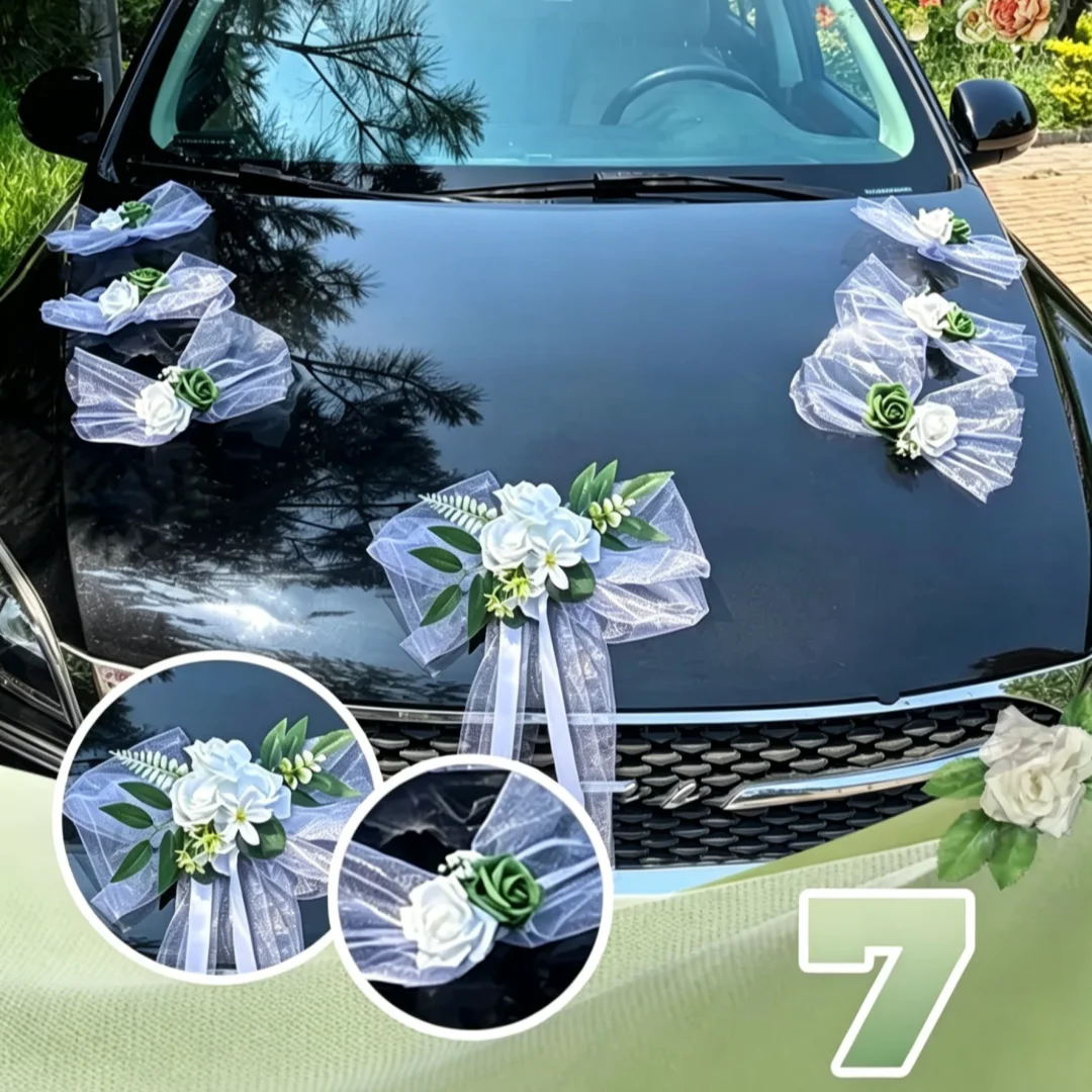 1 ensemble de décoration florale pour véhicule de mariée, fleur de capot de voiture avec rose blanche, feuille verte et nœud en ruban de satin, thème 'Just Married'
