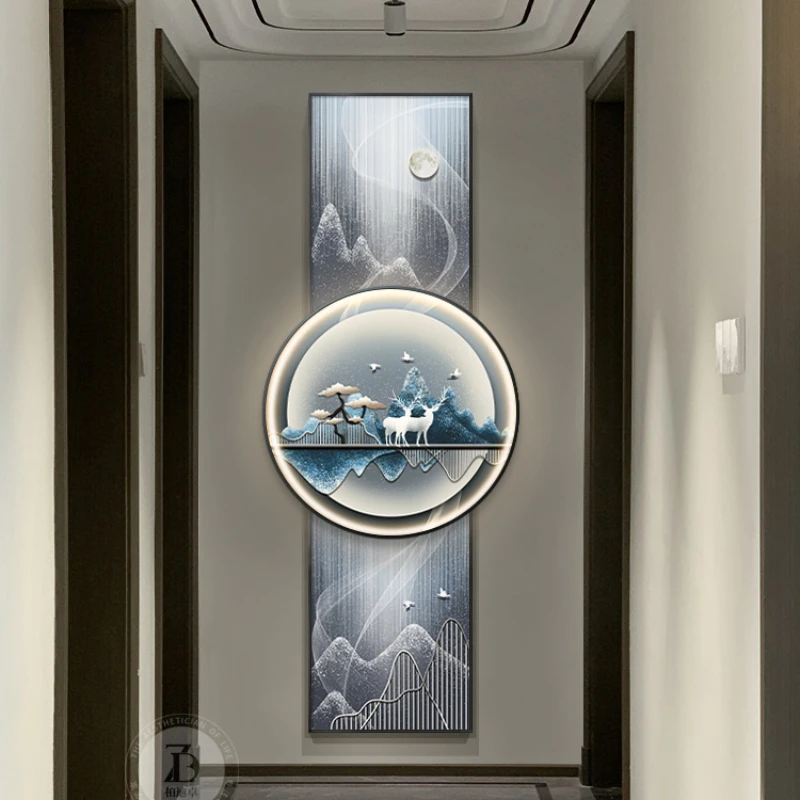 The entrance decoration painting is atmospheric,  vertical version of  elk led lamp mural enters  house