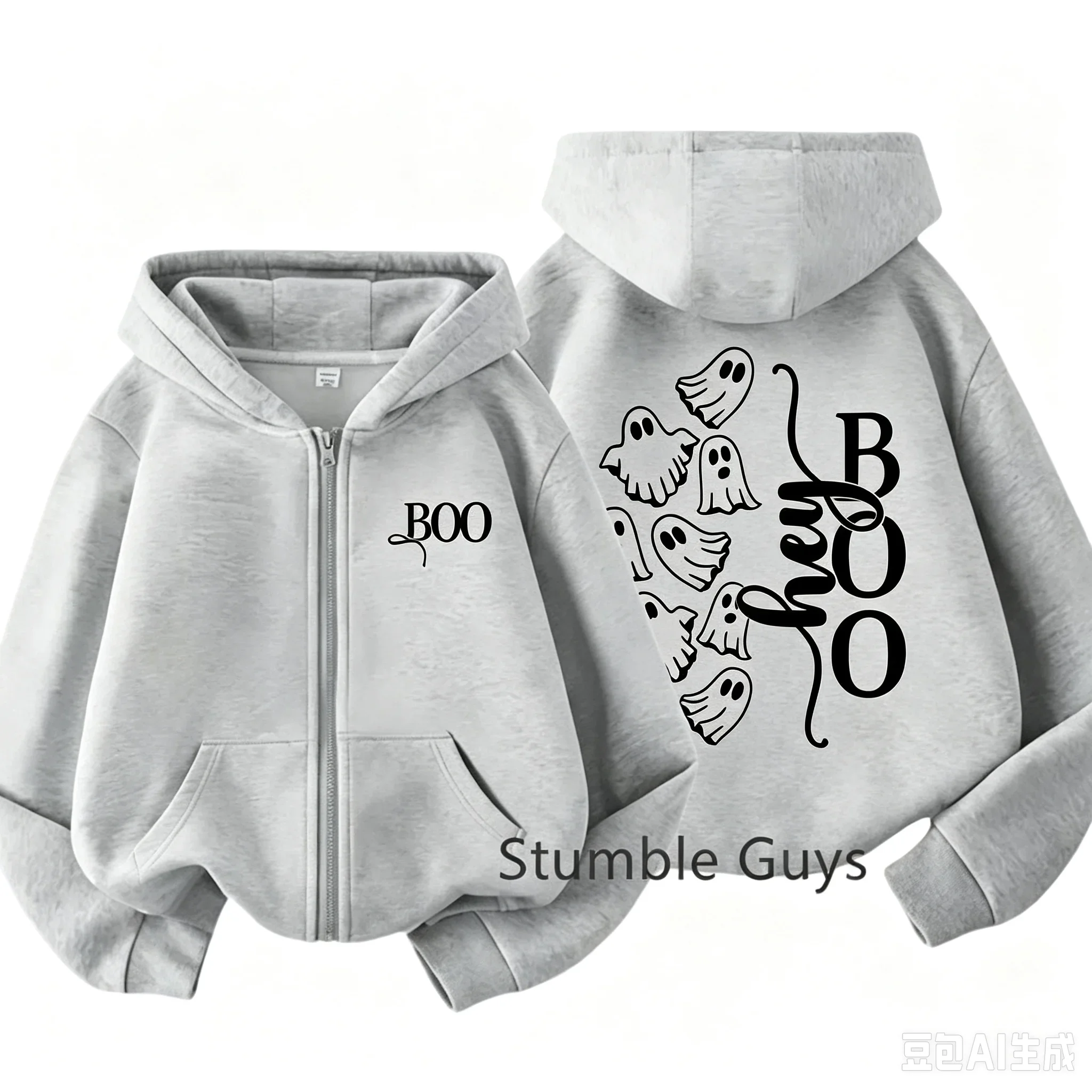 Boys Girls Zip Hooded Sweatshirt Halloween Spooky Ghost Boo Print Kids Long Sleeve Hooded Jacket Daily Holiday Casual Outerwear
