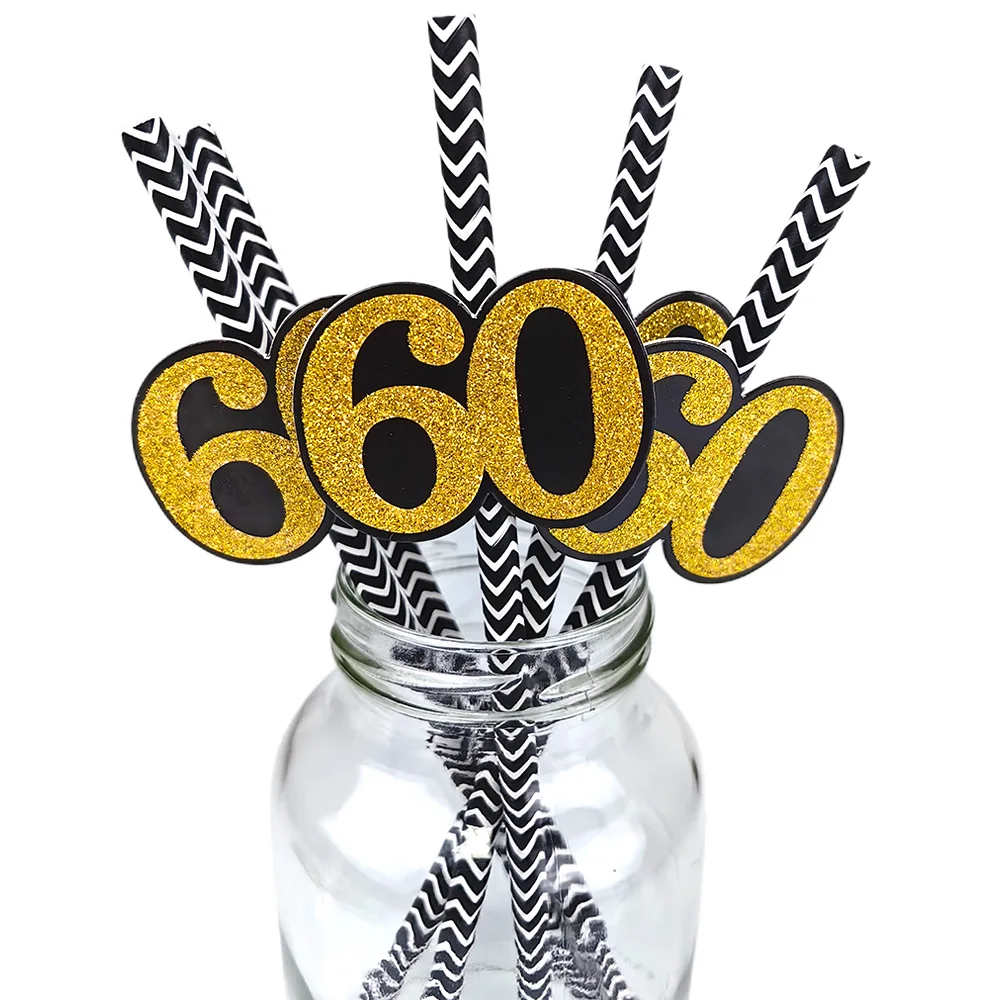 12/24/48/120pcs Black Golden Number 60 Straws Men and Women 60th Birthday Retire Party Tableware Drink Straws Decor Supplies