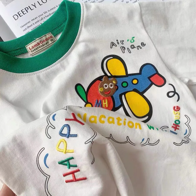 2026 Summer Children Boys T-shirts Cotton Plane Cartoon Print Short Sleeve Tops For 1-6Y Boys Loose Round Collar Kid Boys Tees