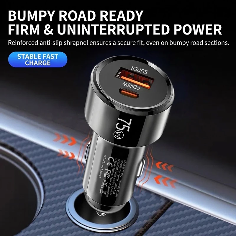 75W Dual Port Car Charger PD 45W USB C and 30W USB A Fast Charging Cigarette Lighter Adapter Smart Chip Auto Charger For iPhone view 3