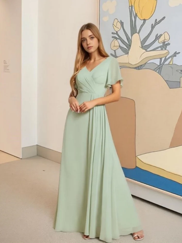 

Beshinel Customized Green V Neck Short Sleeve Chiffon Dress 2025 Side Slit Wedding Guest Bridesmaid Dresses Robes De Soirée