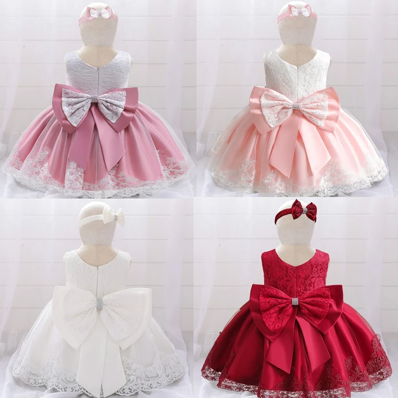 Baby Girls Dress Party Big Bow Sleeveless 1Year Birthday Christening Gown Princess Kids Girl Weddings Clothes Infant Vestidos