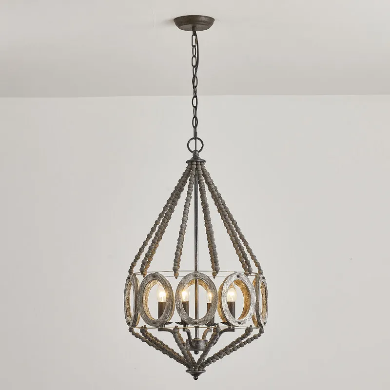 French Retro Wood Bead Chandelier Loft Staircase B & B Villa Design Dining Room Light Bedroom Main Light American