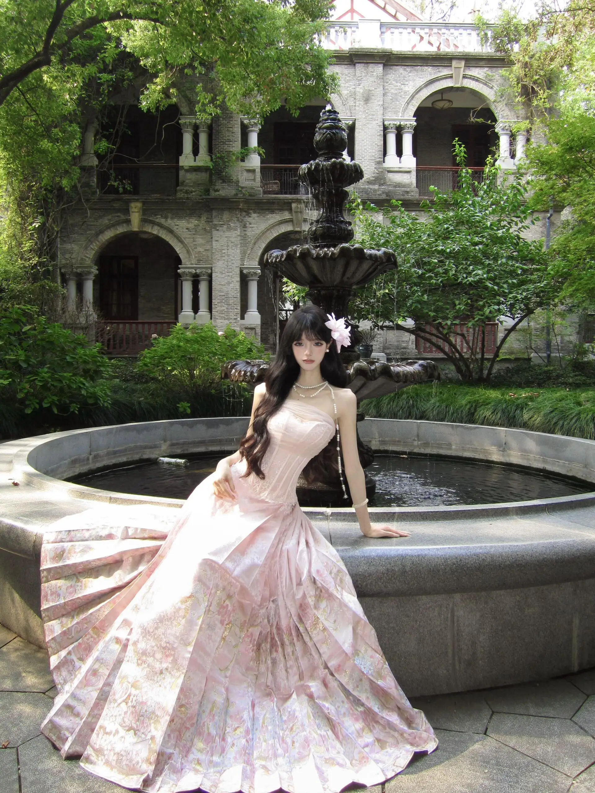 

New Chinese Style Hanfu Pink Mandarin Collar Two-Piece Set Women's Summer National Trend Tube Top High Waist Half Skirt