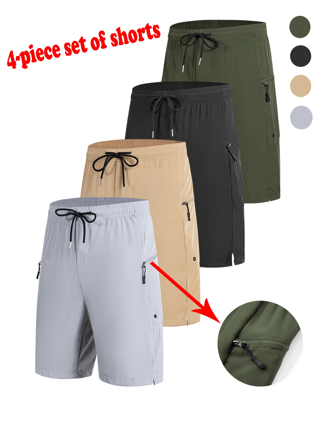 

4-Pack Men's Sports Shorts with Adjustable Waist and Zipper Pockets Suitable for Daily Outdoor Running Fitness and Cycling