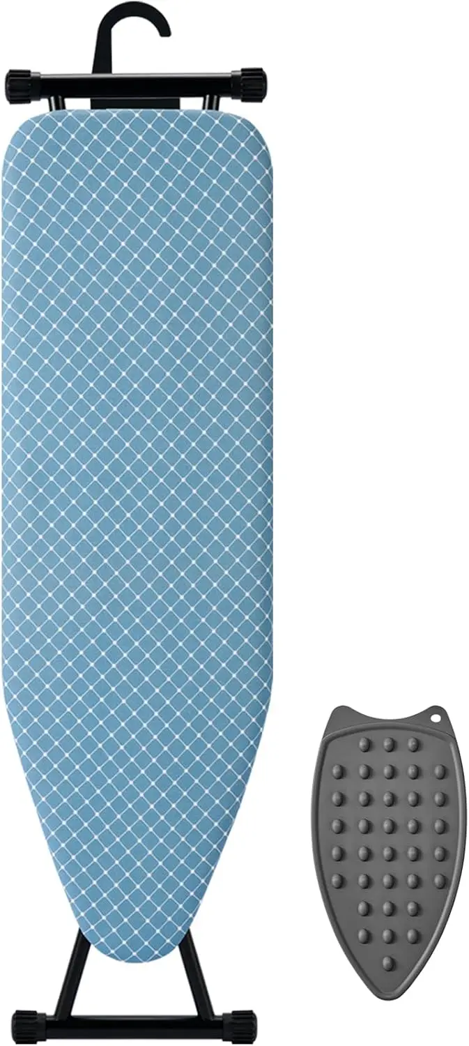 

Compact Ironing Board 13x43, Heat-Resistant Surface, Adjustable Height, Space-Saving Design with Hook & Iron Rest, Blue Checkere