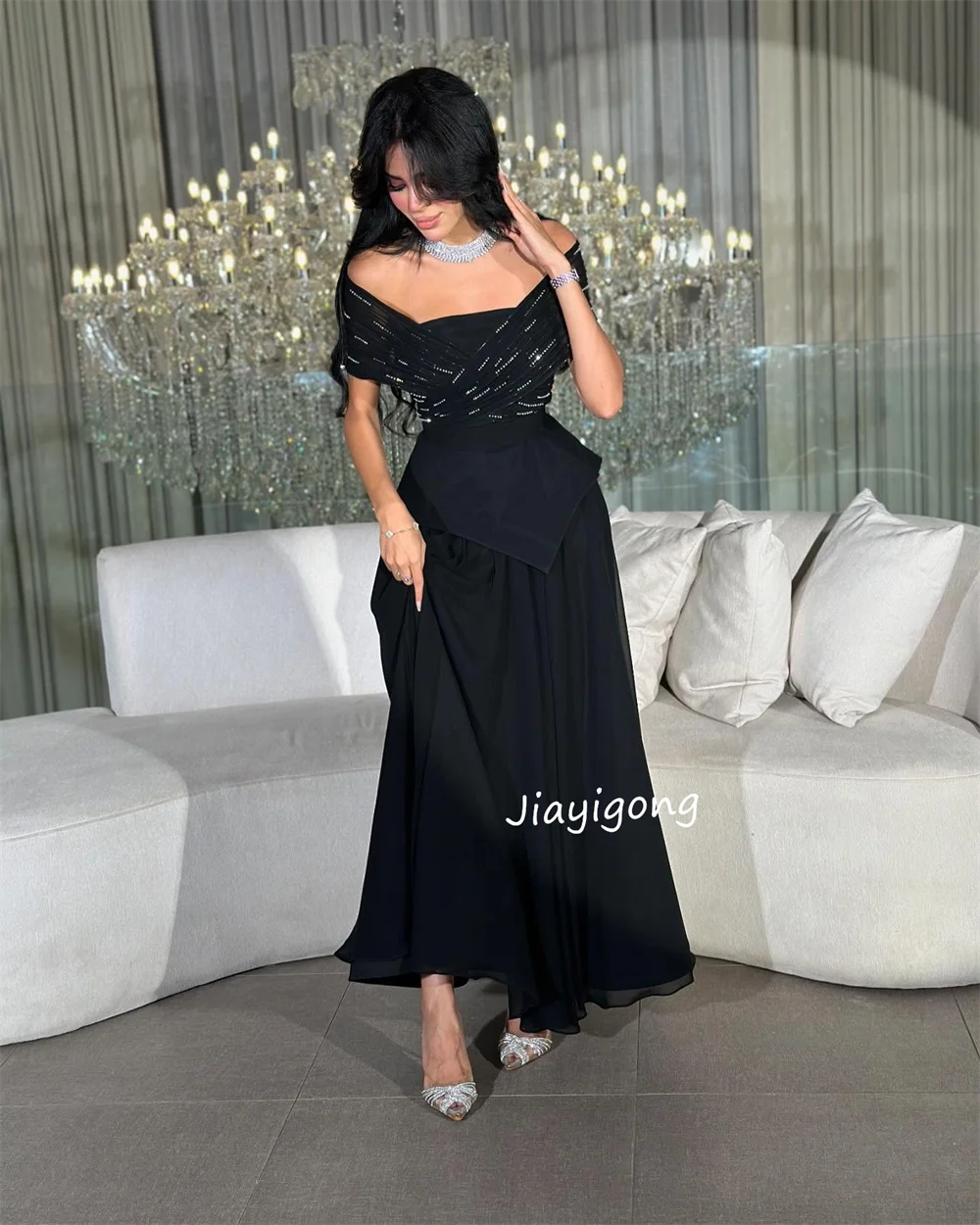 Gaun Panjang Off-the-shoulder A-line Berpayet Jersey Indah yang Disesuaikan dengan Acara Dipesan Lebih Dahulu Kualitas Tinggi