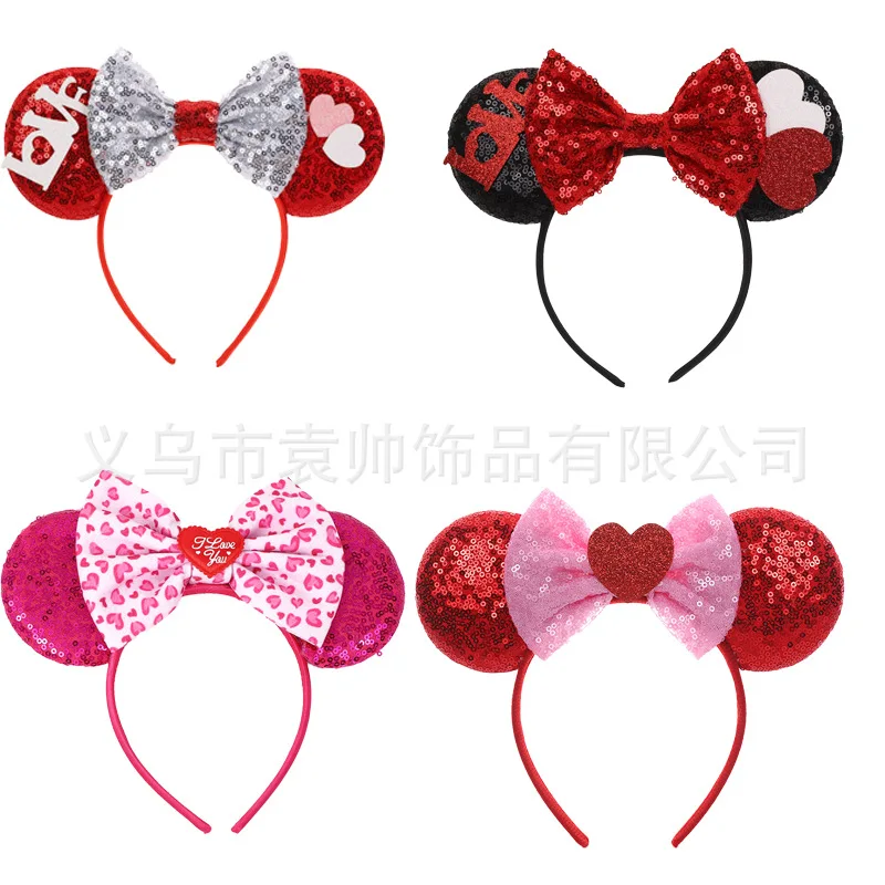 Kawaii عيد الحب وصول جديد ديزني ميكي ماوس الشعر التبعي الترتر القوس عقال عطلة الأطفال الشعر التبعي #1