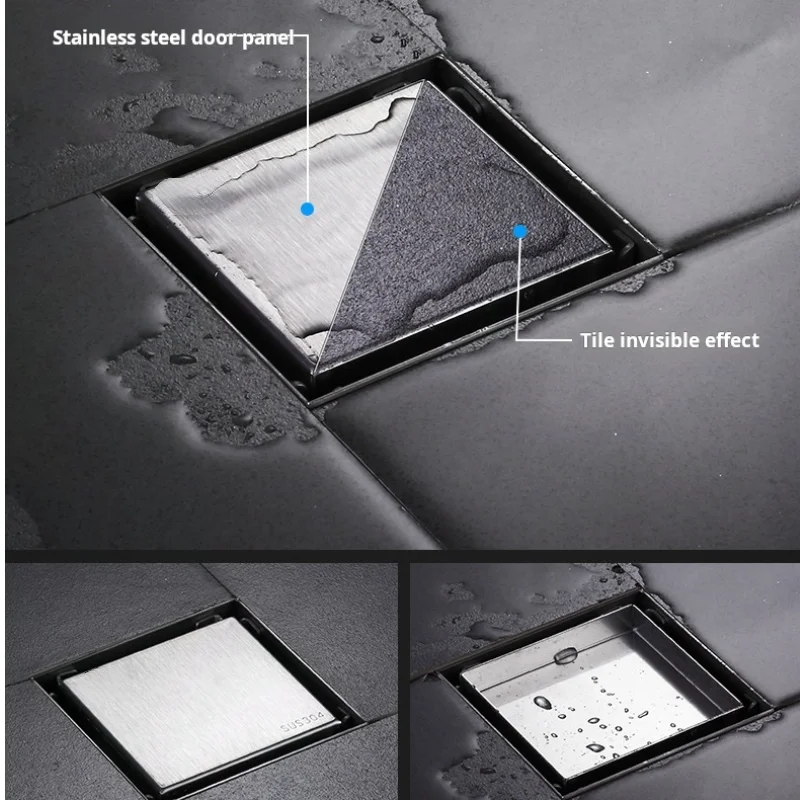 Black Square Deodorant Floor Drain 304 Stainless Steel Invisible Floor Drain 10x10cm Toilet Shower Room Drain