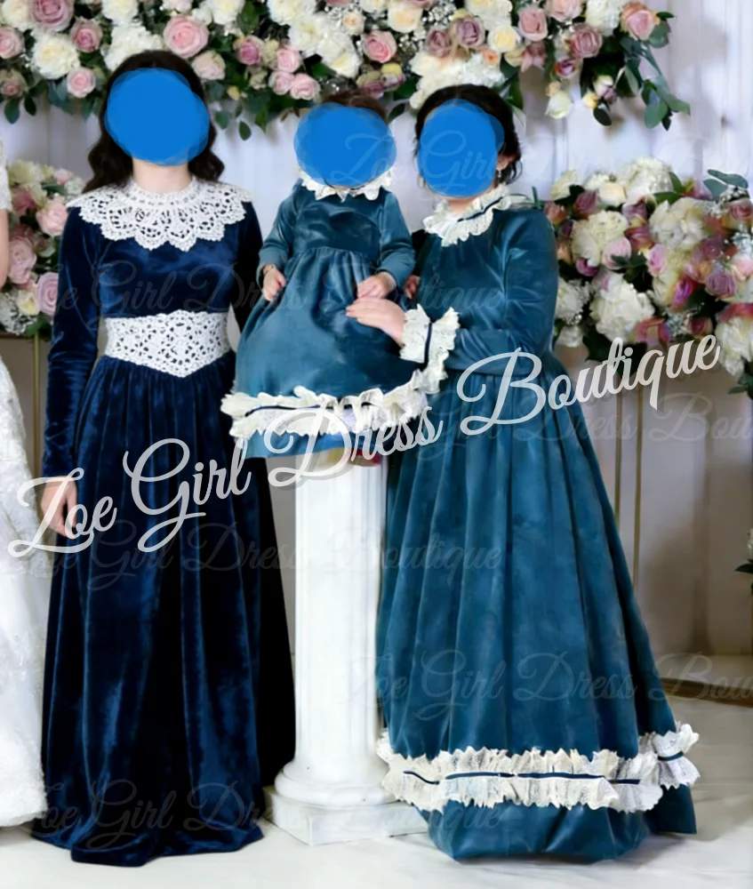 Blue Flower Girl Dresses for Wedding Full Sleeves Floor Length Baby Girl Birthday Dresses First Communion Gowns Customized