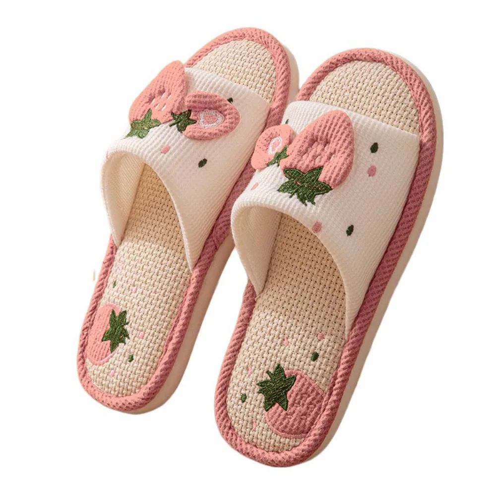 

Soft Sole House Linen Slippers Anti Slip Open Toe Strawberry Slippers Women Breathable Flax Sweet Indoor Slippers Indoor