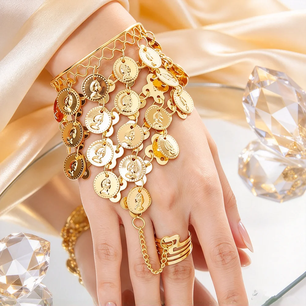 2PCS Gold Coin Mesh Wrist Flowers Open Design Finger Chains for Women Ladies Wedding Party Performance Holiday Gift