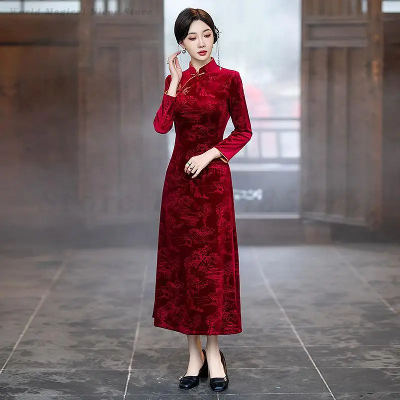 القطيفة ألف خط شيونغسام الجاكار خمر النمط الصيني فستان سيدة مثير سليم تشيباو مساء ثوب حفلة مرحلة الأداء زي #3
