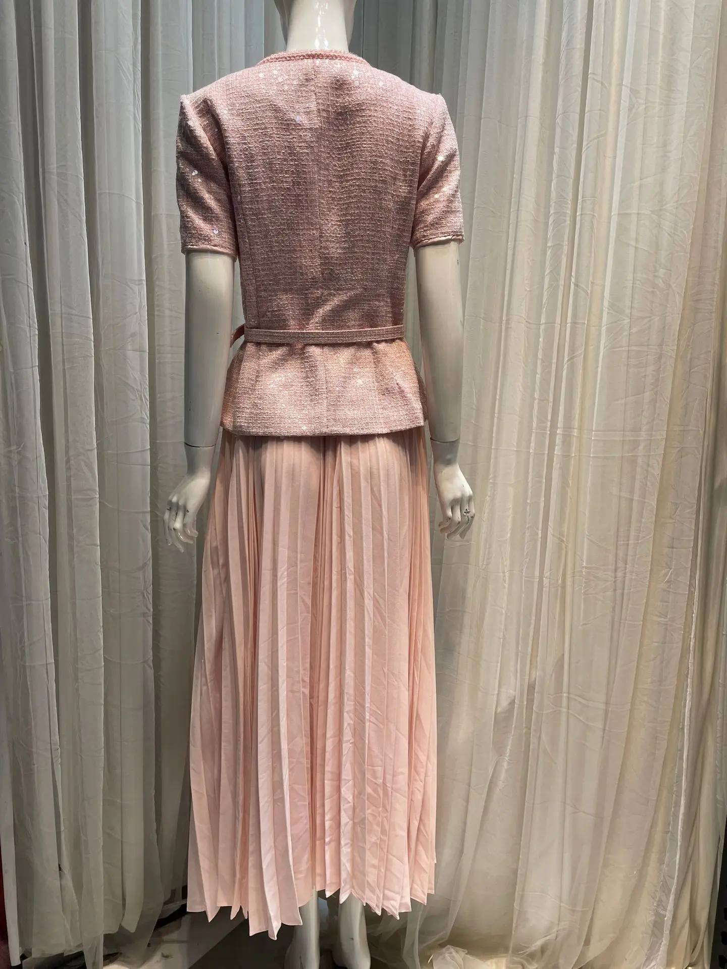 Quality Designer Autumn Winter Tweed Chiffon Sequins Prom Dress Women Pink Short Sleeve Pleated Midi Long Evening Dresses Lady