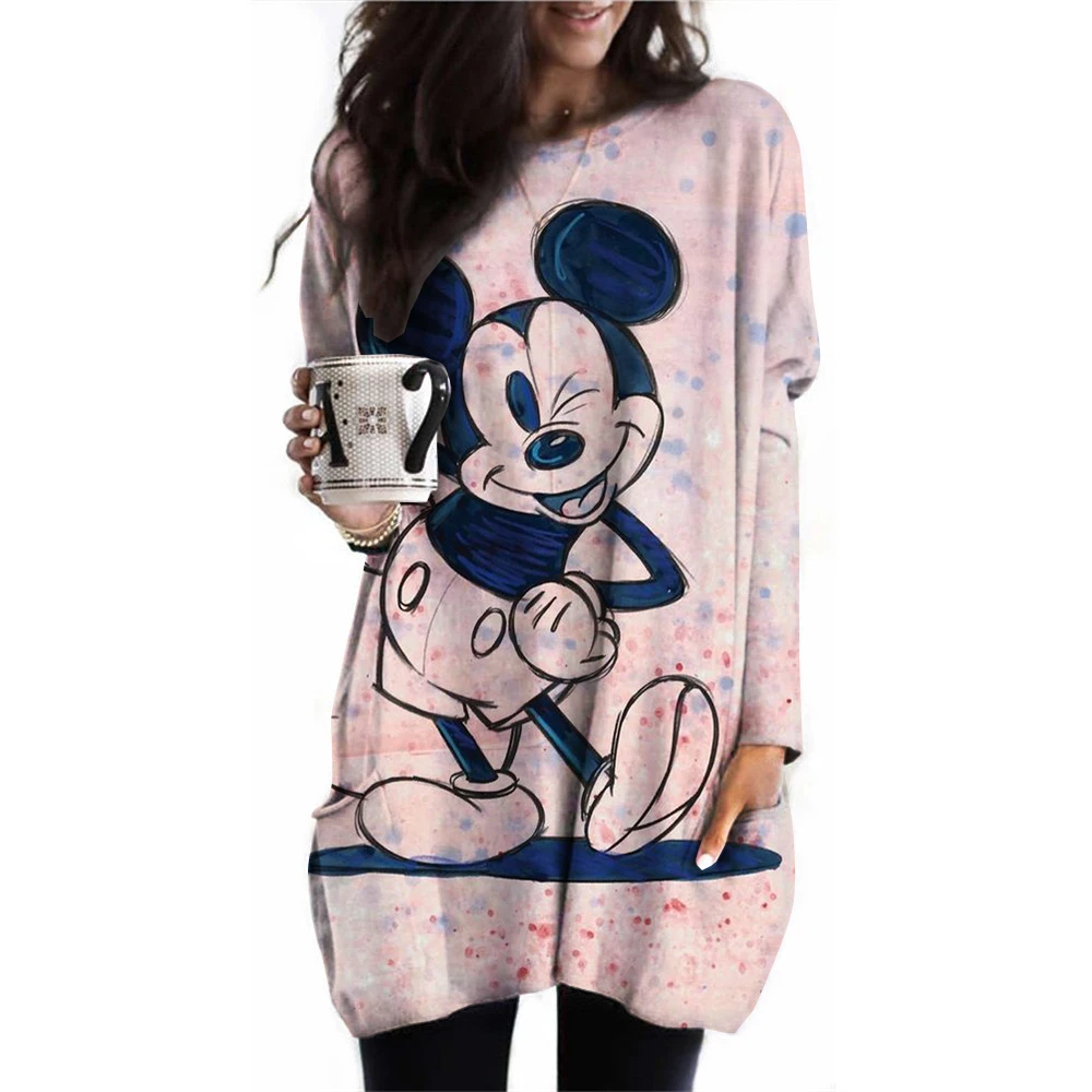 Women\'s Spring and Autumn New S-3XL Large T-shirt Solid Color Long Sleeve Loose Disney\'s Mickey Mouse Casual Harajuku Waist T-sh