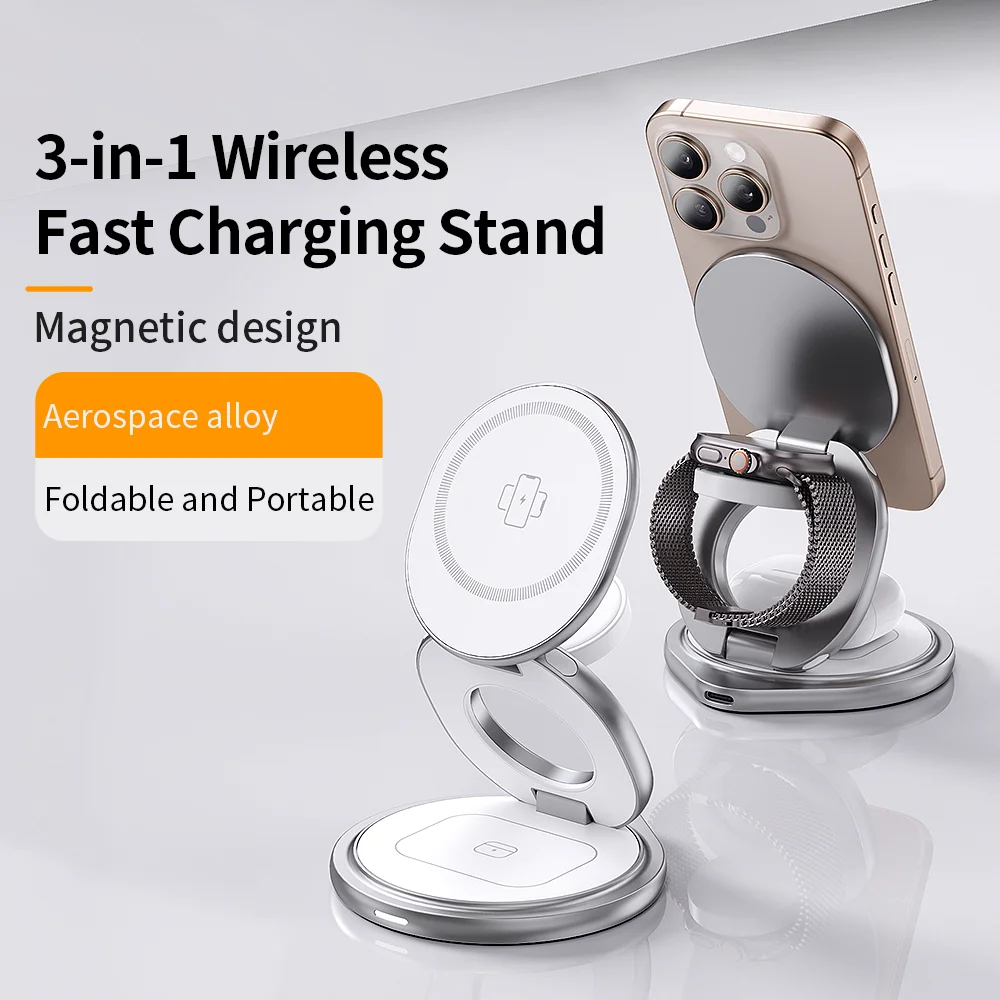 

Metal Wireless Charger 3 In 1 Fast Charging Station Stand Dock 360 Rotation Protable for iPhone 16 15 14 Pro Max Watch Airpods