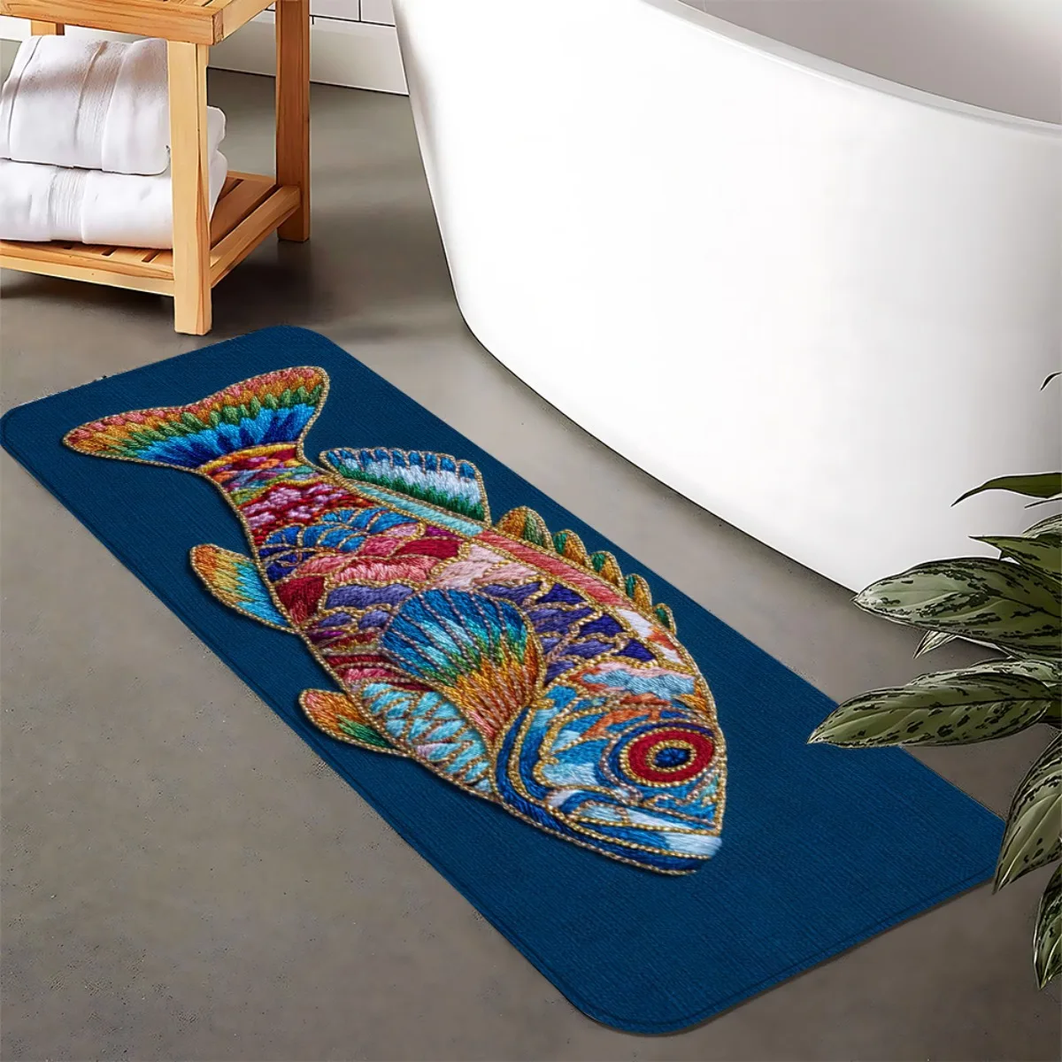 Dark Blue Linen Embroidery Colorful Fish Runner Rug, Non-Slip Washable Mat for Bedroom, Entryway, Hallway & Bohemian Coastal