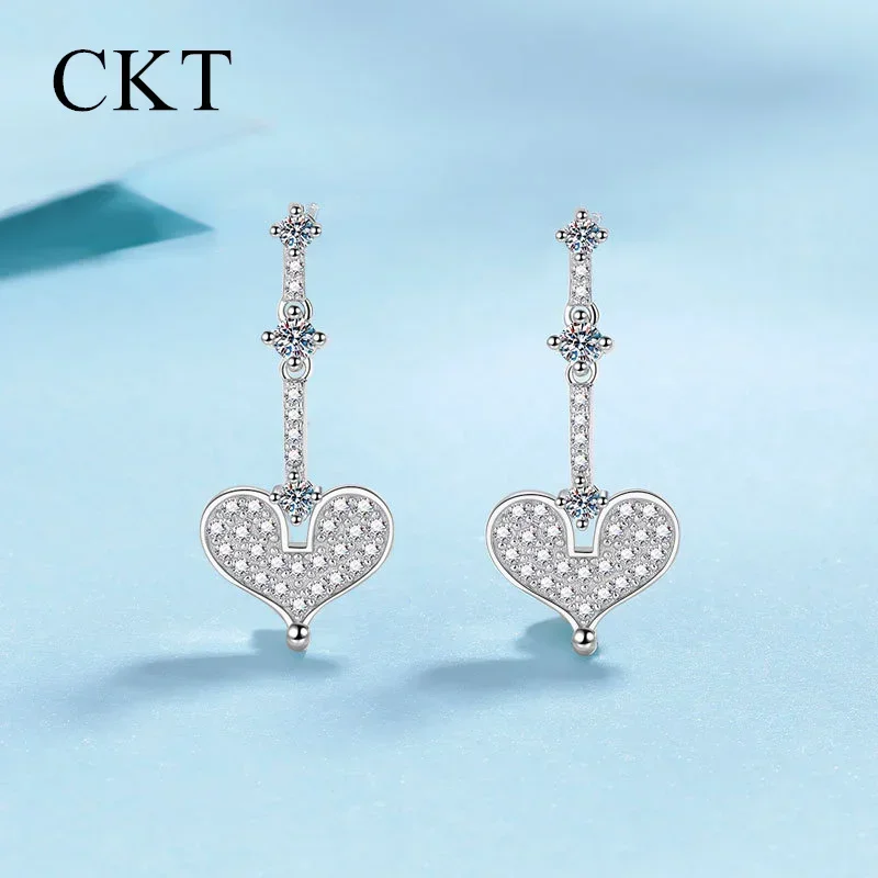 Platinum Pt950 0.7ct Moissanite Drop Earrings Champagne White Gold Earrings Love Heart Model Sweet Earrings High Grade Jewelry