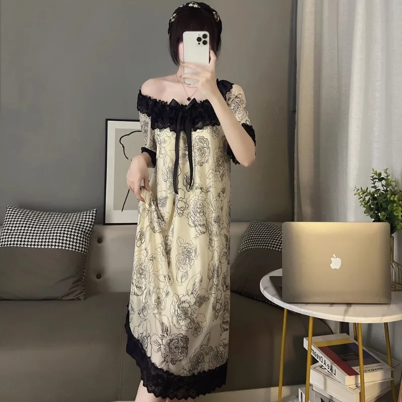 Modal Short Sleeve Premium Lace Lacework Pajamas Women's Loose Thin Loungewear with Chest Pad Summer Fashion Female Nightdress