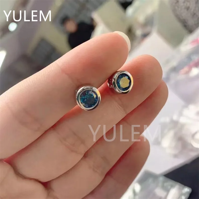 

YULEM Blue Moissanite 1ct/pcs 925 Silver Simple Design Earings for Women Royal Blue Round Shape