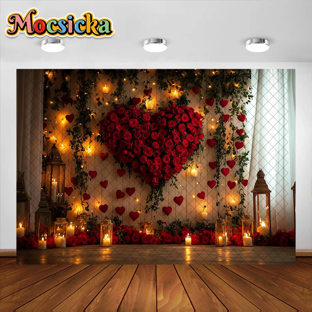 Valentine's Day Photography Background Red Rose Love Wooden Wall Decorative Backdrop Baby Shower Couple Portrait Studio Props