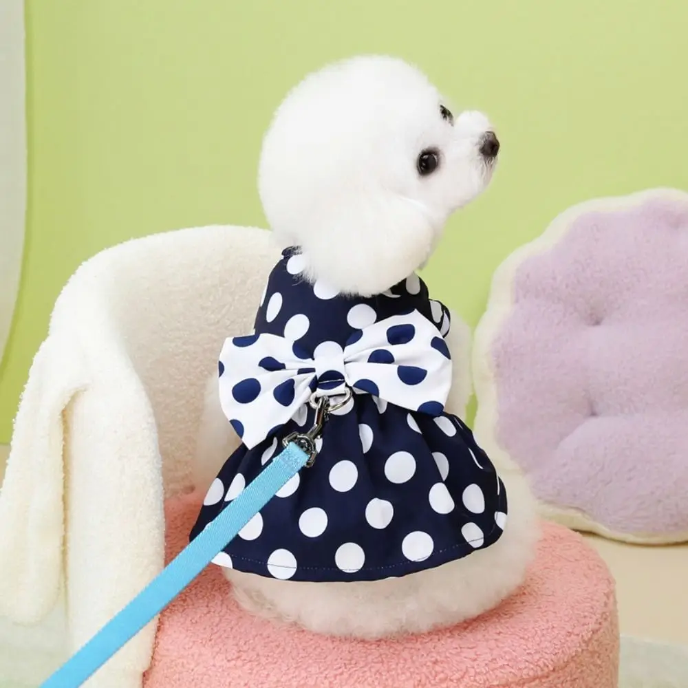 Fashion Dot Pattern Dog Dress Sweet Puppy Princess Bow Skirt with Traction Buckle Costumes for Wedding Party Pet Clothes