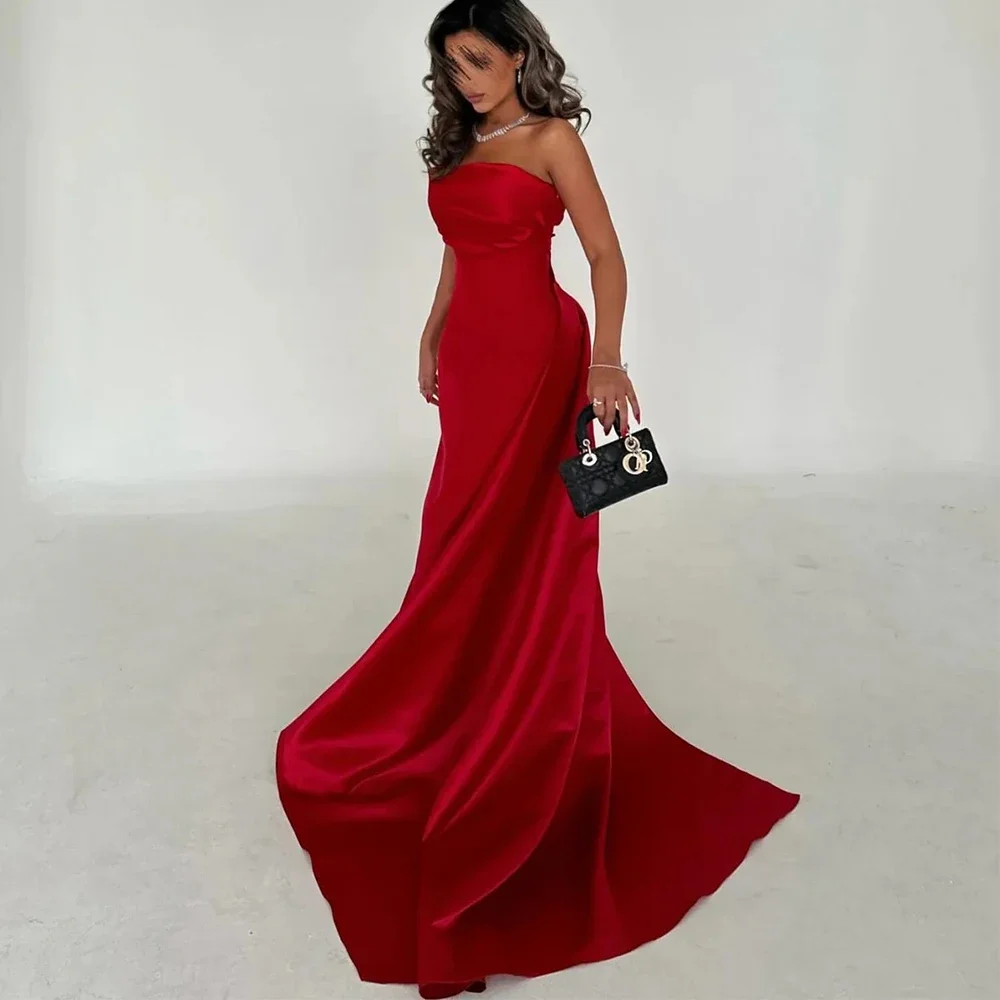 Flechazo Red Strapless Sleeveless Evening Dress Sheath Floor Length with Sweep Train Customized Gowns فساتين للمناسبات الخاصة