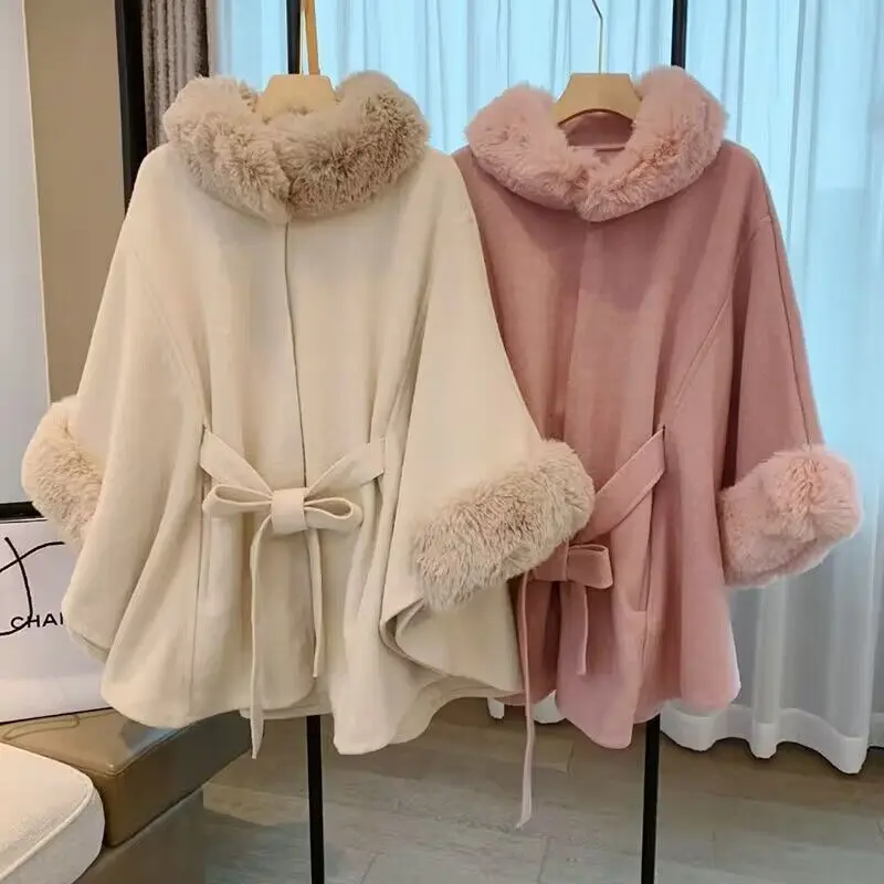 Autumn Winter New Imitation Otter Rabbit Fur Collar Knitted High-grade Imitation Wool Coat Poncho Lady Capes Pink Cloaks