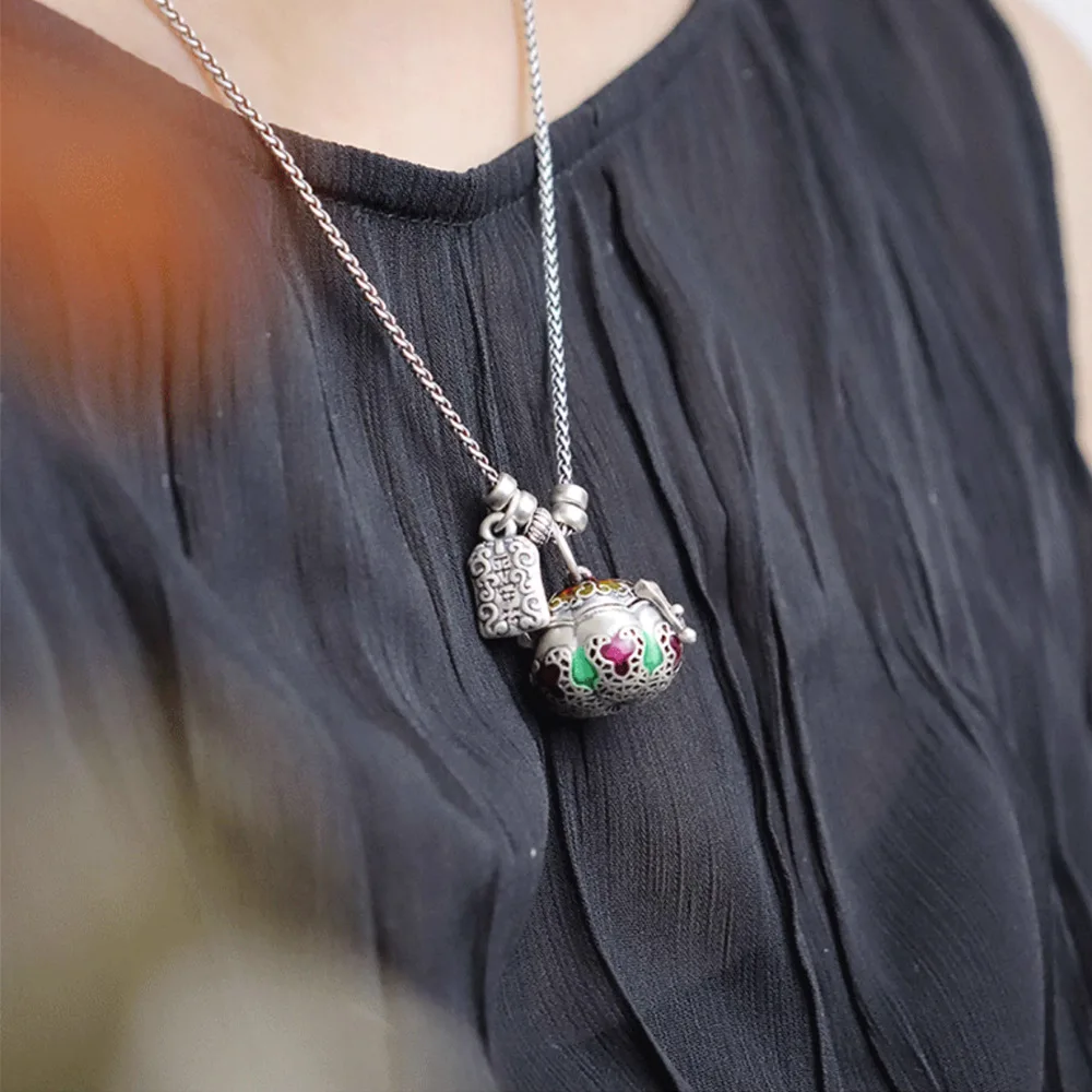 Open Hollow Pumpkin Sachet Pendant Women's Chinese Retro Enamel Color Necklace