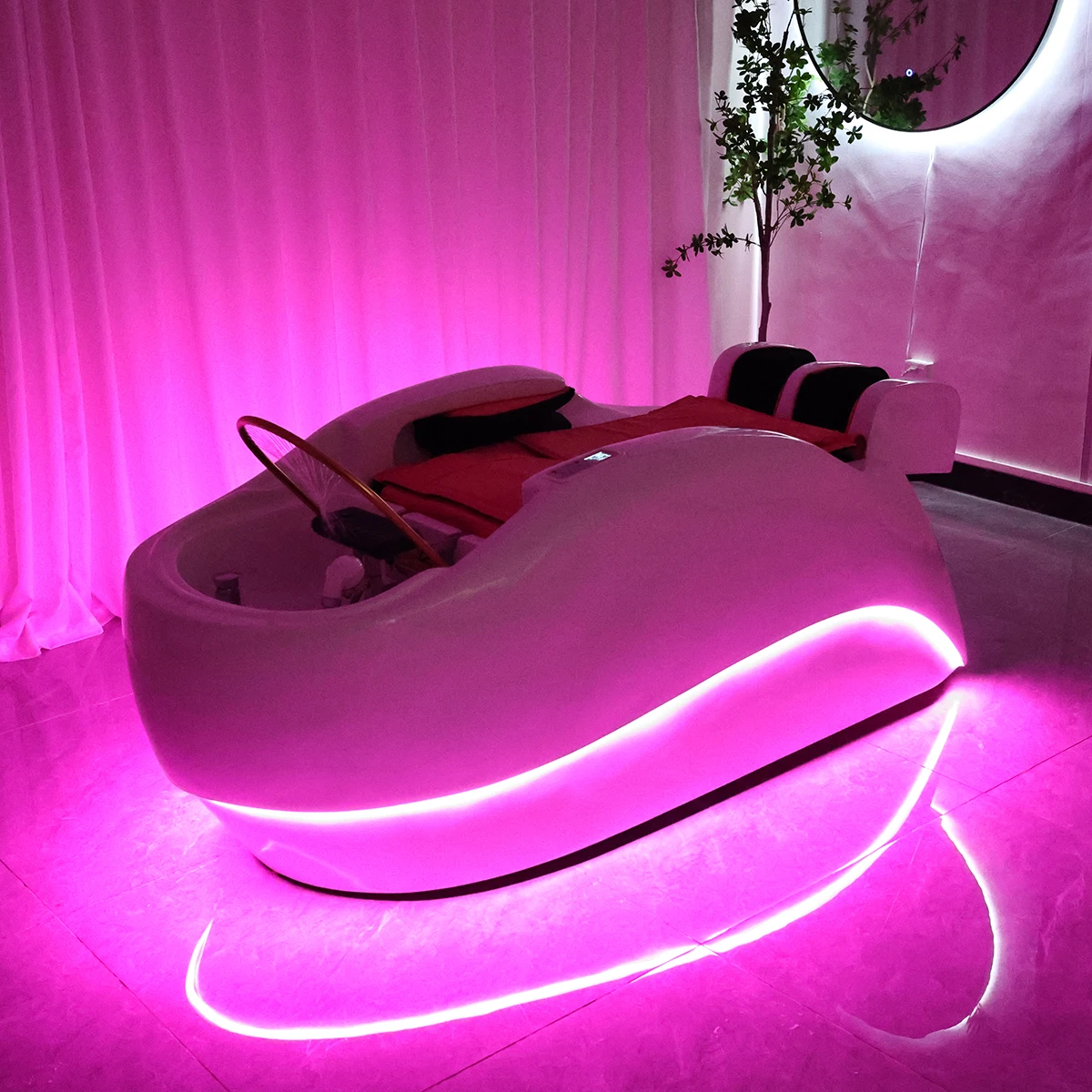 White Thai Shampoo Bed with LED Ambient Light & Body Massage, Reclining Head Spa Hair Washing Chair for Beauty Salon Barber Shop