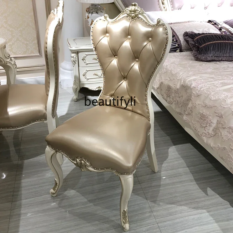 

European dining chair retro carved all solid wood cowhide American restaurant chair armrest, French western restaurant chair2936