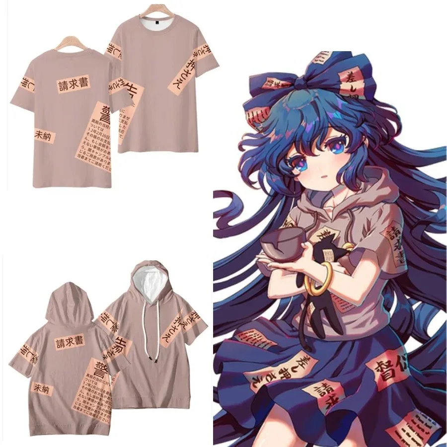 

Anime touhou projeto 3d impressão oversized t camisa yorigami shion cosplay manga curta com capuz camiseta casual solto pulôver