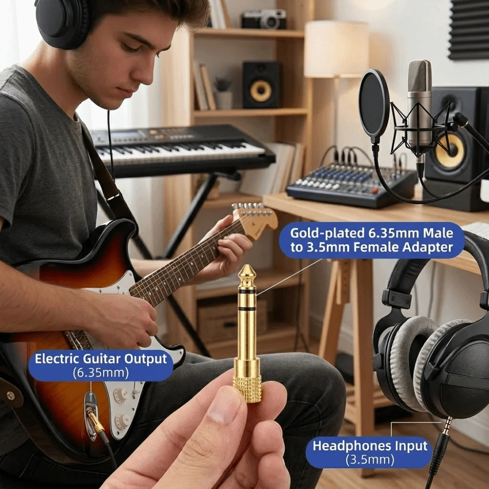 Adapter Gold-Plated Audio Adapter 6.35mm Male 3.5mm Female AUX Cable Adapter Plug Design Stereo TRS Converter Guitar Amplifiers