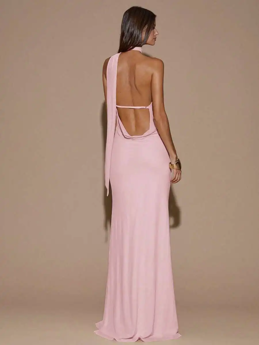 

Womens Sexy Minimalist Solid Color Pink Asymmetric Ruched Halter Backless Long Dress For Party Cocktail Formal Occasion